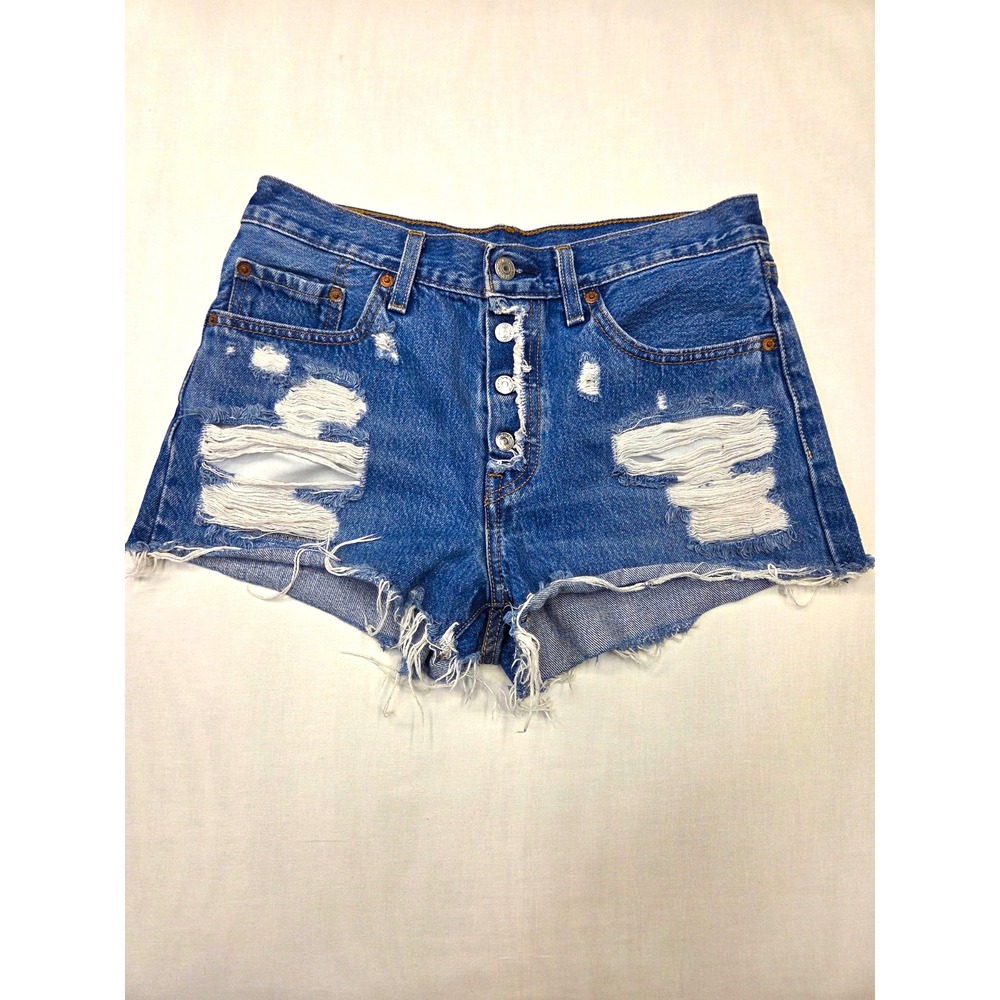 Levi's 501 Cut Off Jean Shorts 27 Distressed Medium Wash Button-Fly Y2K Big E